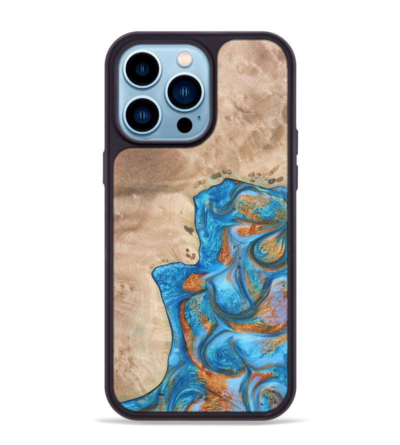 iPhone 14 Pro Max Wood+Resin Phone Case - Betty (Teal & Gold, 682605)