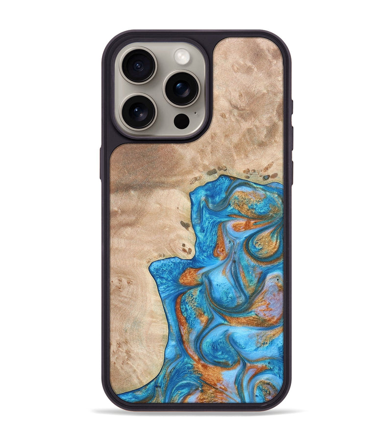 iPhone 15 Pro Max Wood+Resin Phone Case - Betty (Teal & Gold, 682605)