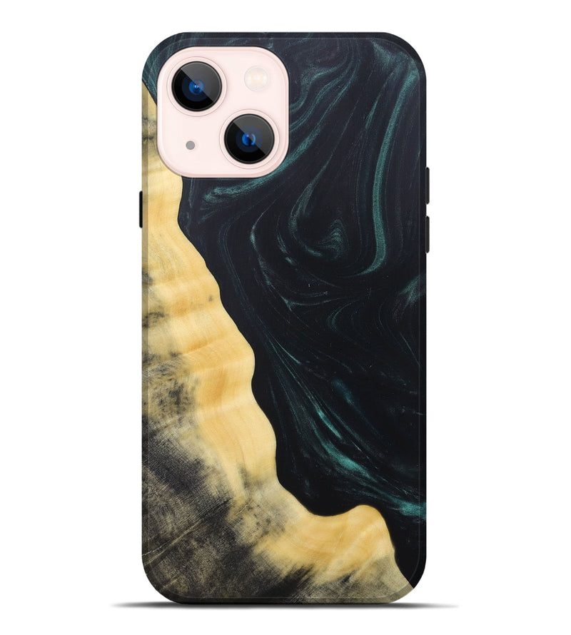 iPhone 14 Plus Wood+Resin Live Edge Phone Case - Shaun (Green, 685018)