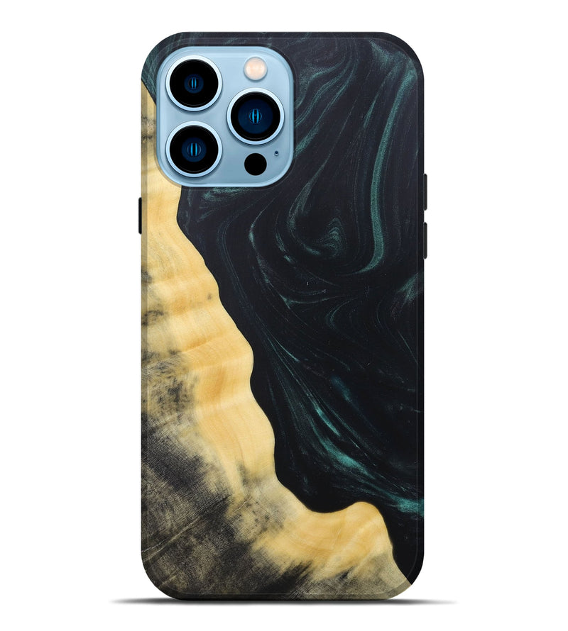 iPhone 14 Pro Max Wood+Resin Live Edge Phone Case - Shaun (Green, 685018)