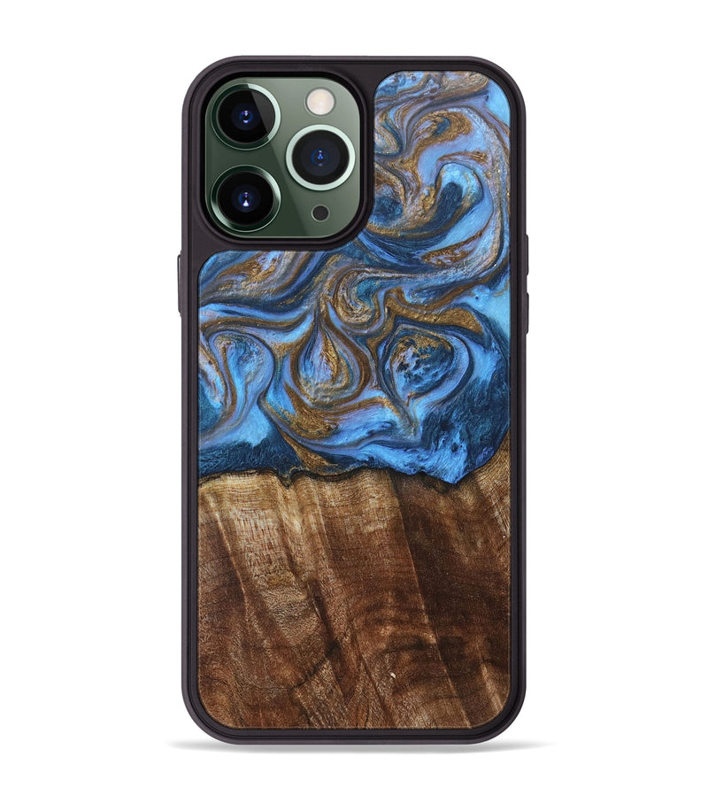 iPhone 13 Pro Max Wood+Resin Phone Case - Arlo (Teal & Gold, 685552)