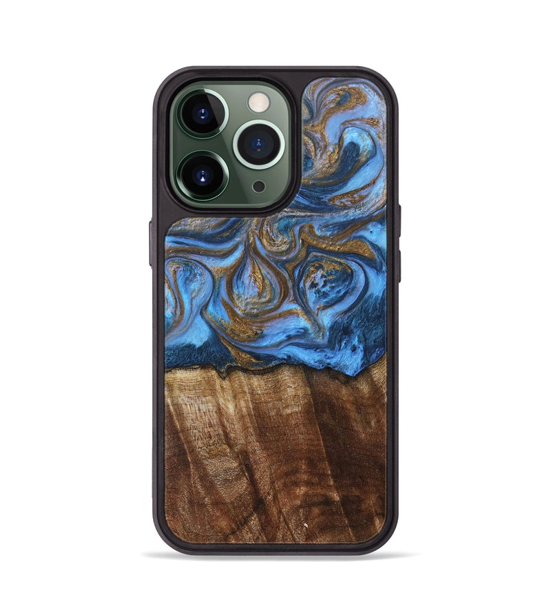 iPhone 13 Pro Wood+Resin Phone Case - Arlo (Teal & Gold, 685552)