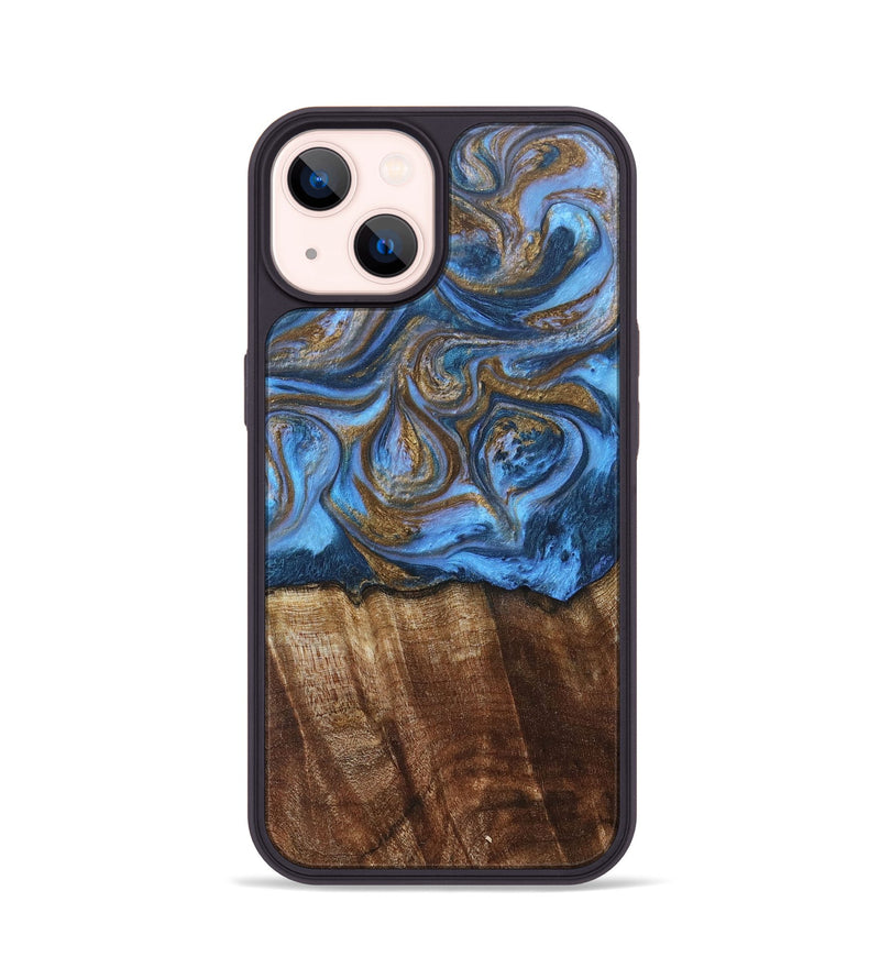 iPhone 14 Wood+Resin Phone Case - Arlo (Teal & Gold, 685552)