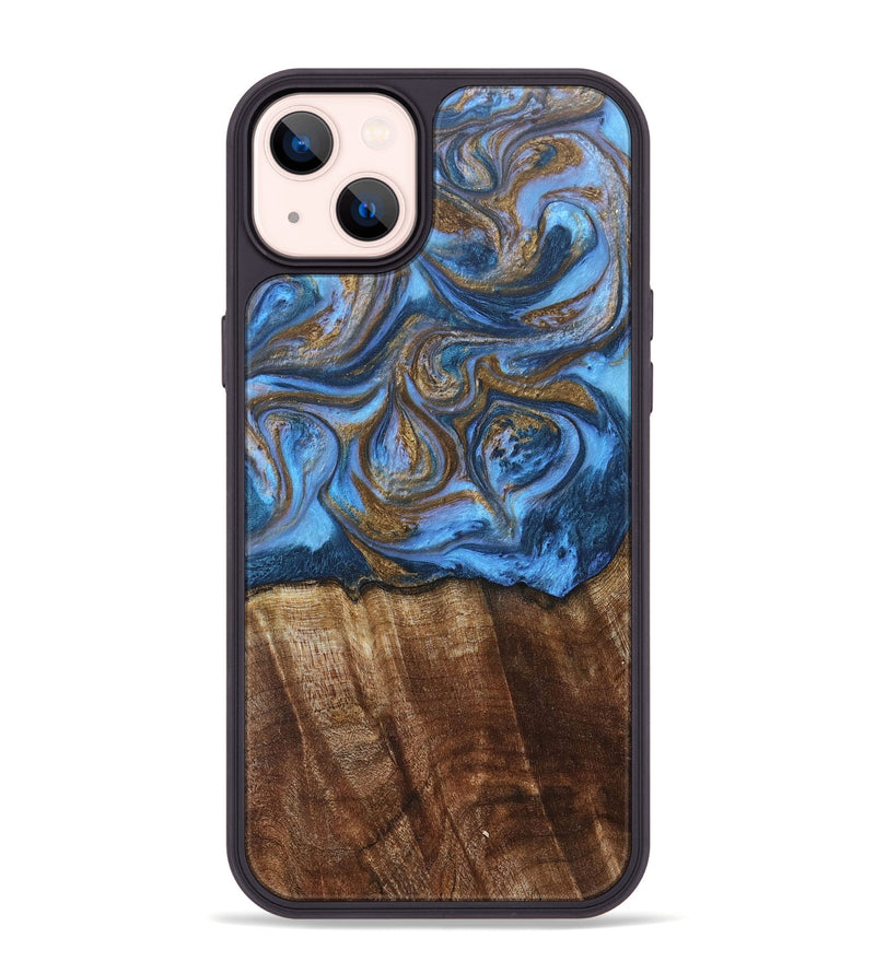 iPhone 14 Plus Wood+Resin Phone Case - Arlo (Teal & Gold, 685552)