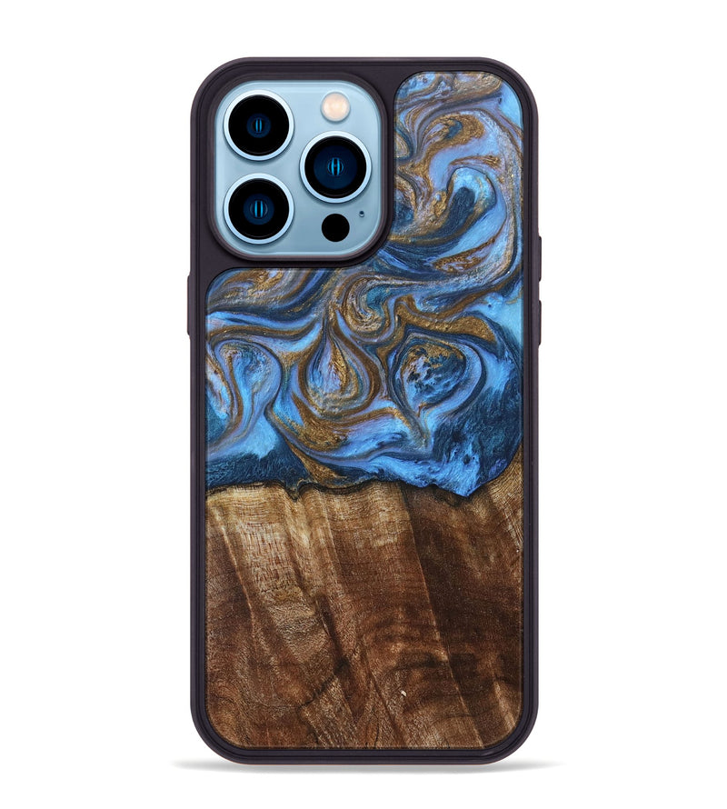 iPhone 14 Pro Max Wood+Resin Phone Case - Arlo (Teal & Gold, 685552)