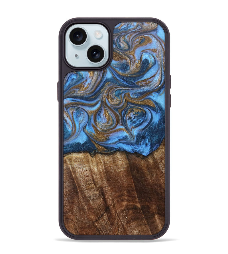 iPhone 15 Plus Wood+Resin Phone Case - Arlo (Teal & Gold, 685552)