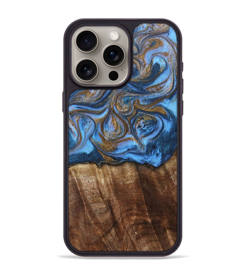 iPhone 15 Pro Max Wood+Resin Phone Case - Arlo (Teal & Gold, 685552)