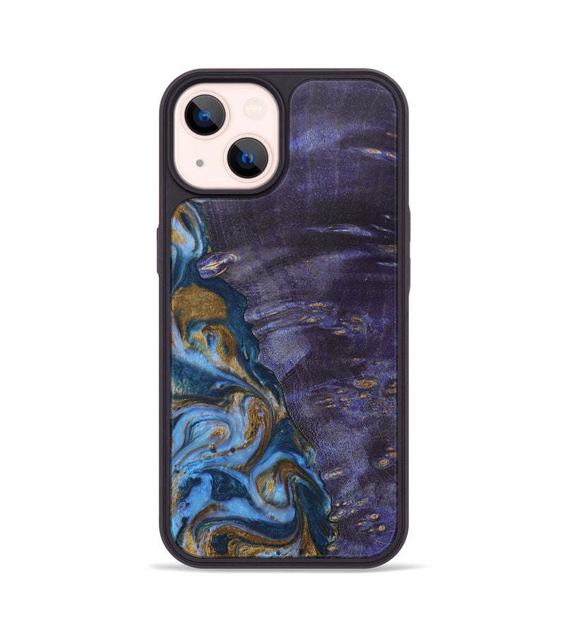 iPhone 14 Wood+Resin Phone Case - Bobbie (Teal & Gold, 685560)