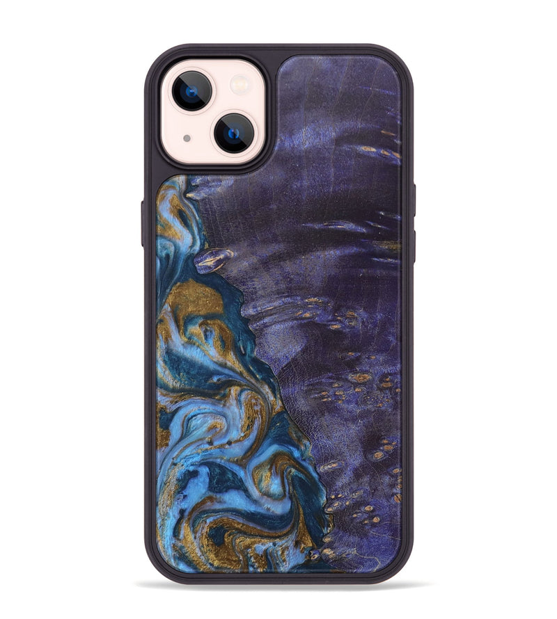 iPhone 14 Plus Wood+Resin Phone Case - Bobbie (Teal & Gold, 685560)