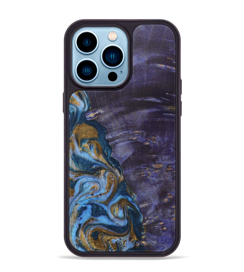iPhone 14 Pro Max Wood+Resin Phone Case - Bobbie (Teal & Gold, 685560)