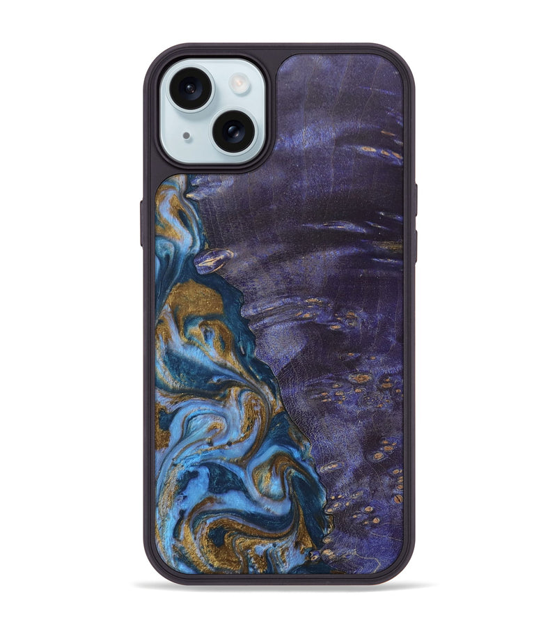 iPhone 15 Plus Wood+Resin Phone Case - Bobbie (Teal & Gold, 685560)