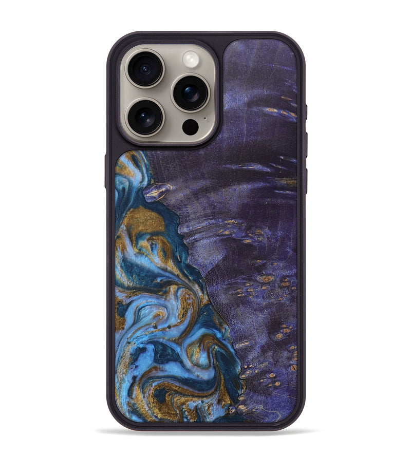 iPhone 15 Pro Max Wood+Resin Phone Case - Bobbie (Teal & Gold, 685560)