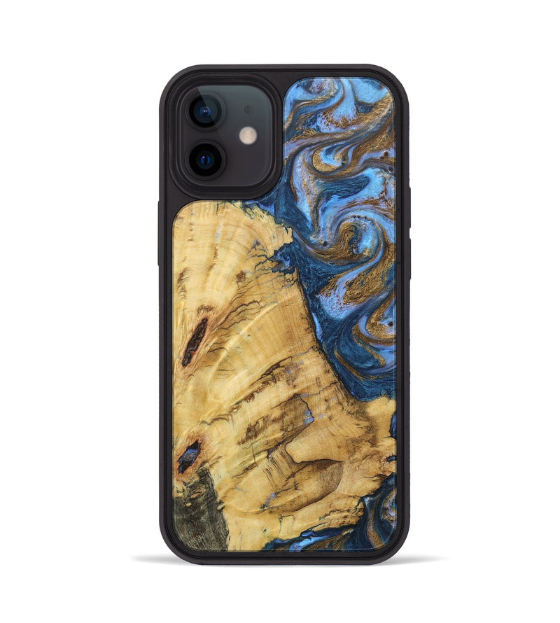 iPhone 12 Wood+Resin Phone Case - Carl (Teal & Gold, 685587)