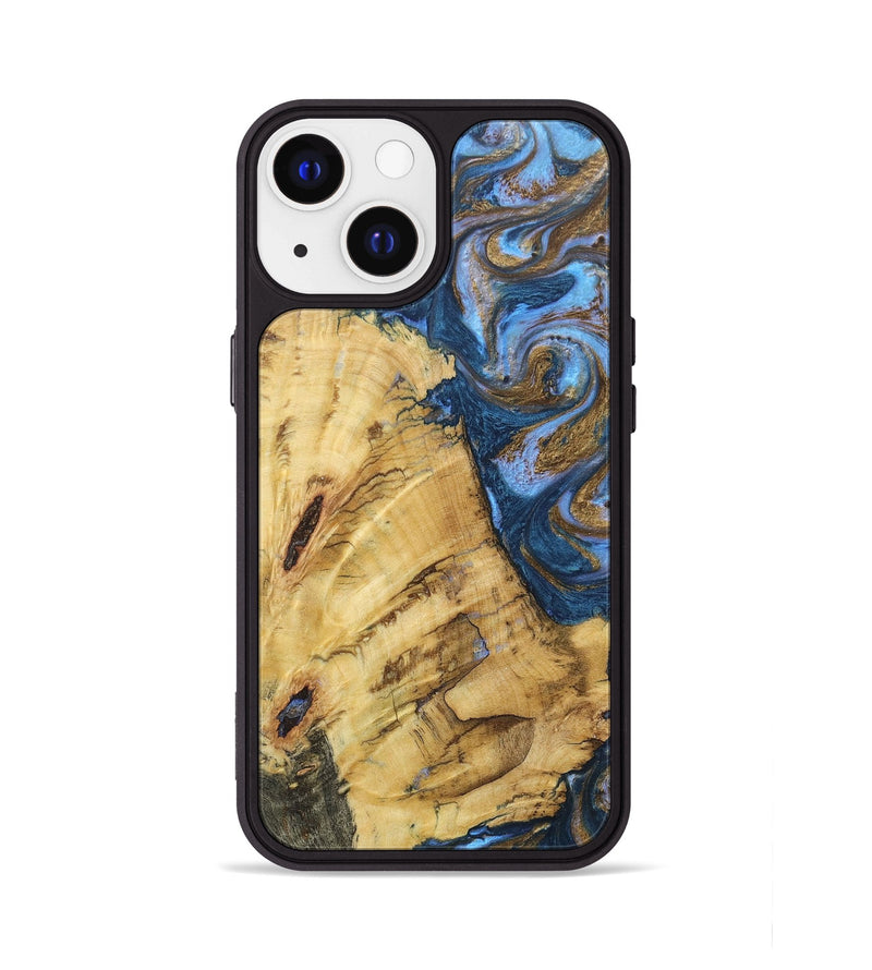 iPhone 13 Wood+Resin Phone Case - Carl (Teal & Gold, 685587)