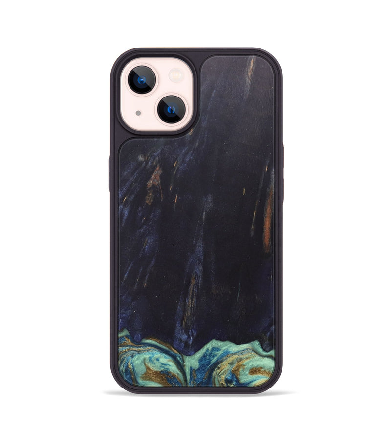 iPhone 14 Wood+Resin Phone Case - Agnes (Teal & Gold, 685922)