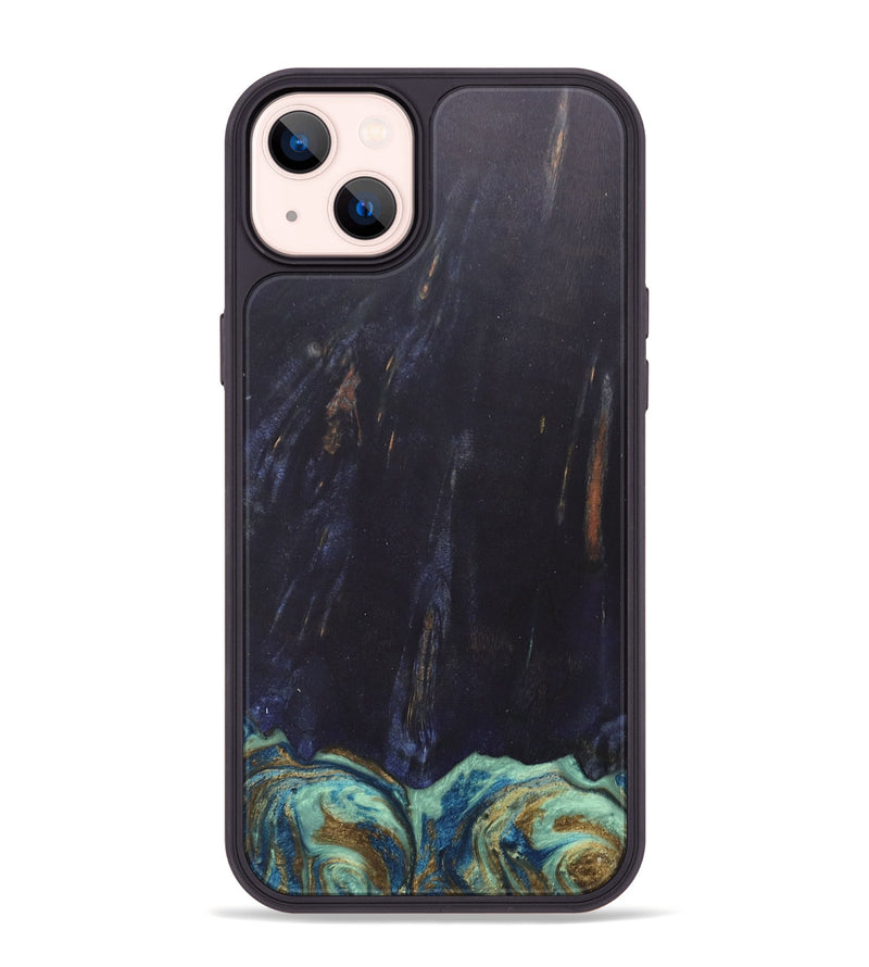 iPhone 14 Plus Wood+Resin Phone Case - Agnes (Teal & Gold, 685922)