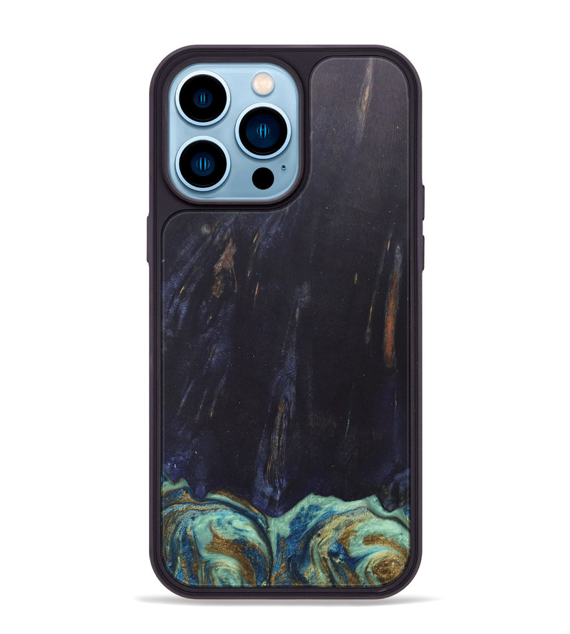 iPhone 14 Pro Max Wood+Resin Phone Case - Agnes (Teal & Gold, 685922)