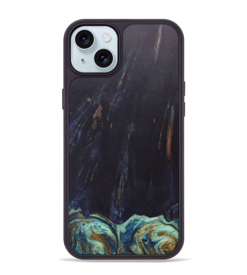 iPhone 15 Plus Wood+Resin Phone Case - Agnes (Teal & Gold, 685922)