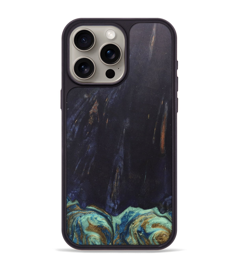 iPhone 15 Pro Max Wood+Resin Phone Case - Agnes (Teal & Gold, 685922)