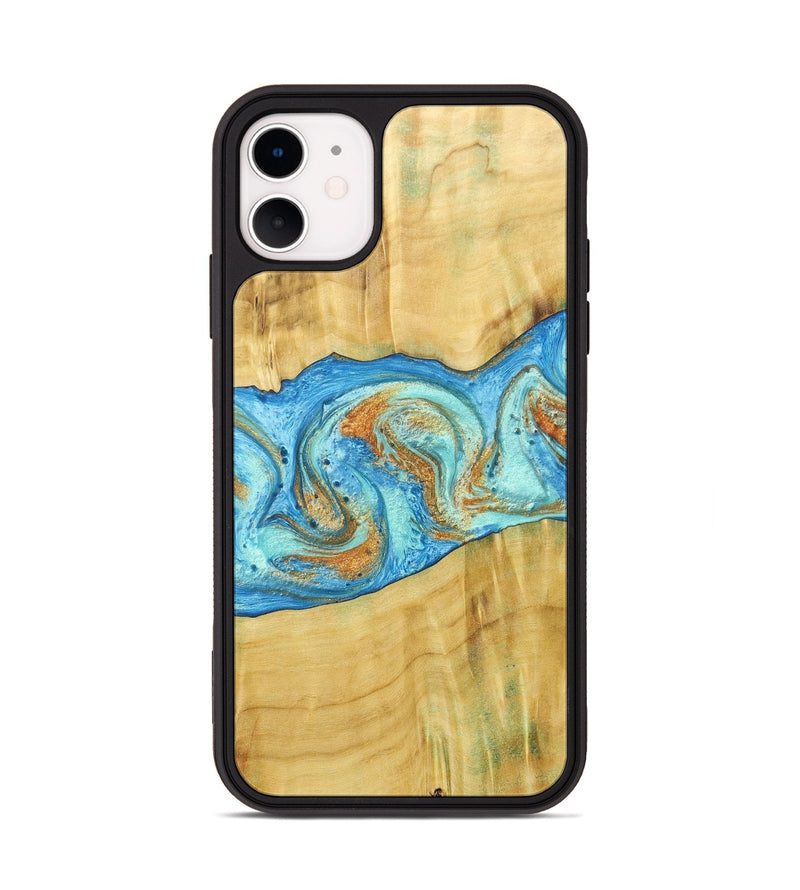 iPhone 11 Wood+Resin Phone Case - Alexis (Teal & Gold, 686567)