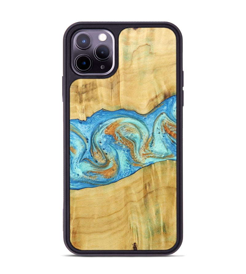 iPhone 11 Pro Max Wood+Resin Phone Case - Alexis (Teal & Gold, 686567)