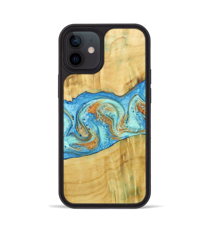 iPhone 12 Wood+Resin Phone Case - Alexis (Teal & Gold, 686567)
