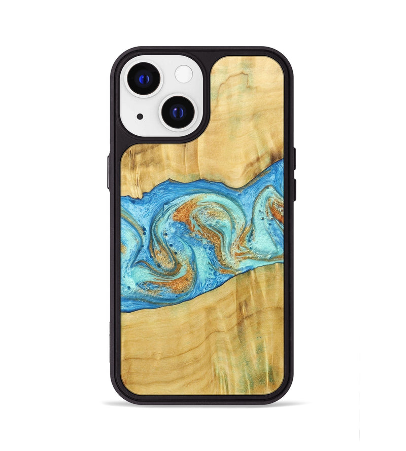 iPhone 13 Wood+Resin Phone Case - Alexis (Teal & Gold, 686567)