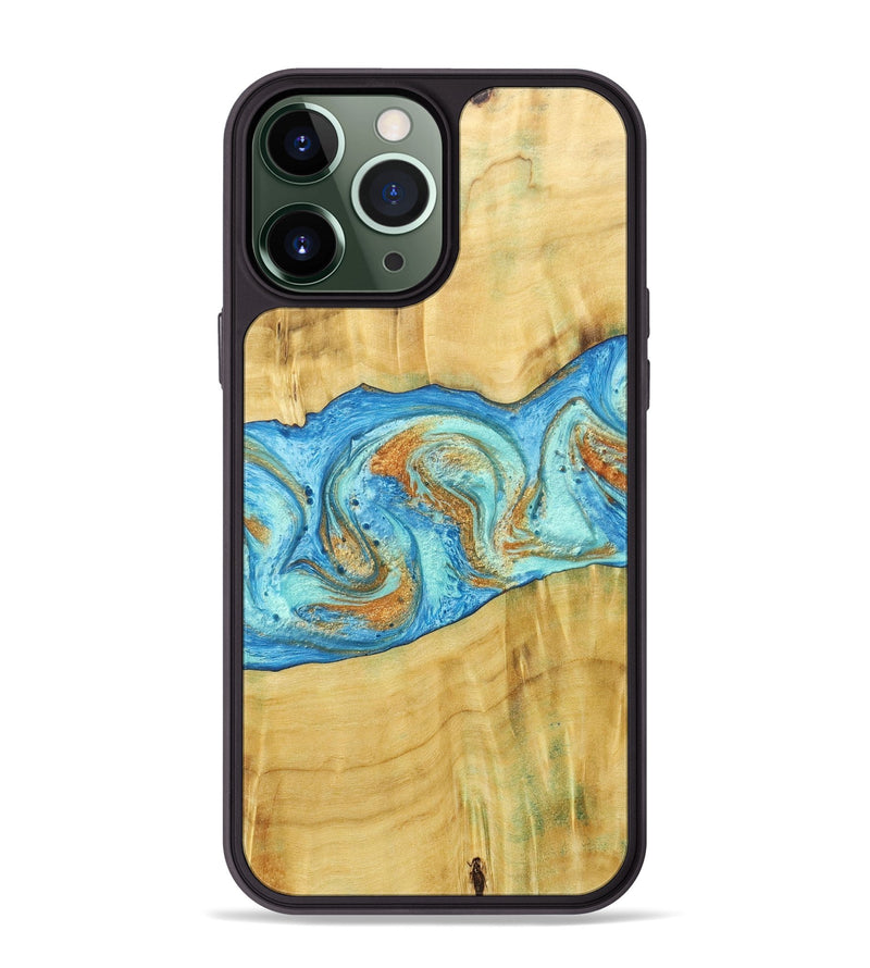 iPhone 13 Pro Max Wood+Resin Phone Case - Alexis (Teal & Gold, 686567)