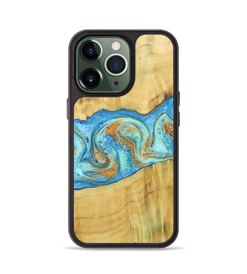 iPhone 13 Pro Wood+Resin Phone Case - Alexis (Teal & Gold, 686567)