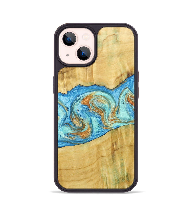 iPhone 14 Wood+Resin Phone Case - Alexis (Teal & Gold, 686567)