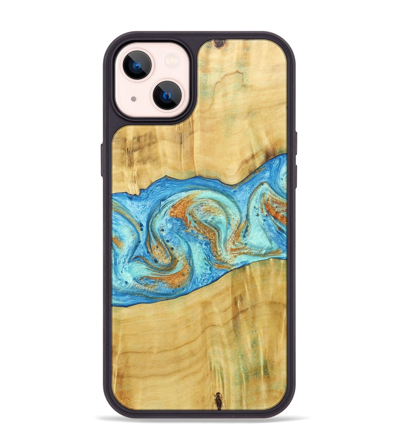 iPhone 14 Plus Wood+Resin Phone Case - Alexis (Teal & Gold, 686567)