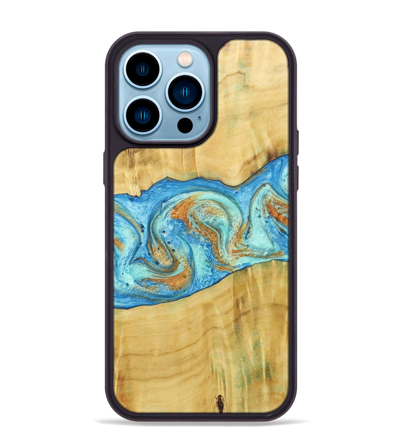 iPhone 14 Pro Max Wood+Resin Phone Case - Alexis (Teal & Gold, 686567)