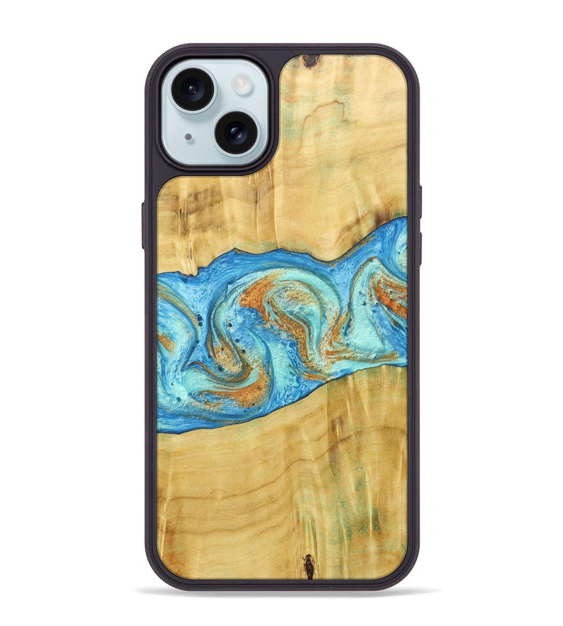 iPhone 15 Plus Wood+Resin Phone Case - Alexis (Teal & Gold, 686567)
