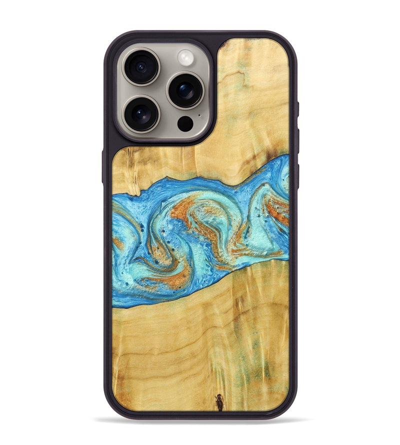 iPhone 15 Pro Max Wood+Resin Phone Case - Alexis (Teal & Gold, 686567)
