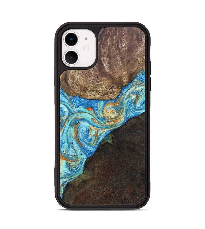 iPhone 11 Wood+Resin Phone Case - Max (Teal & Gold, 686569)