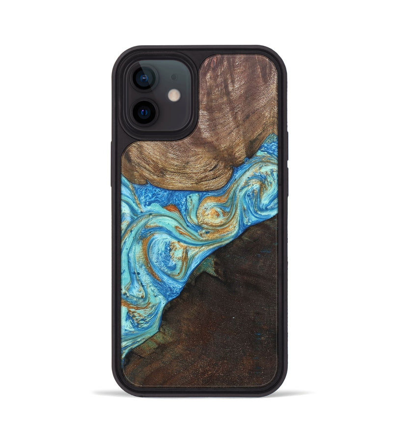 iPhone 12 Wood+Resin Phone Case - Max (Teal & Gold, 686569)