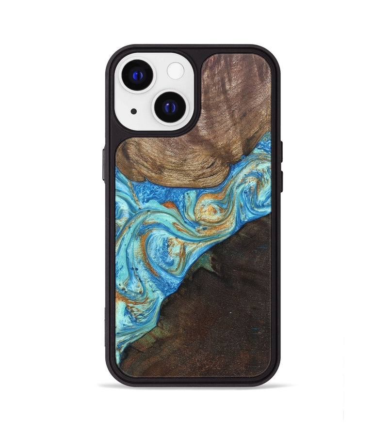 iPhone 13 Wood+Resin Phone Case - Max (Teal & Gold, 686569)
