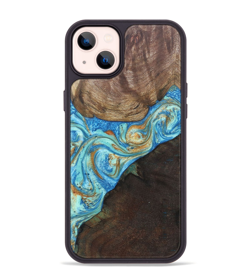 iPhone 14 Plus Wood+Resin Phone Case - Max (Teal & Gold, 686569)