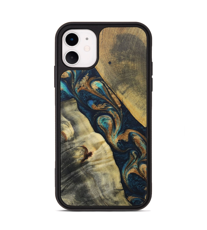 iPhone 11 Wood+Resin Phone Case - Evangeline (Teal & Gold, 686573)