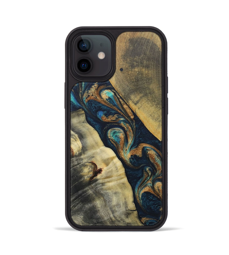 iPhone 12 Wood+Resin Phone Case - Evangeline (Teal & Gold, 686573)