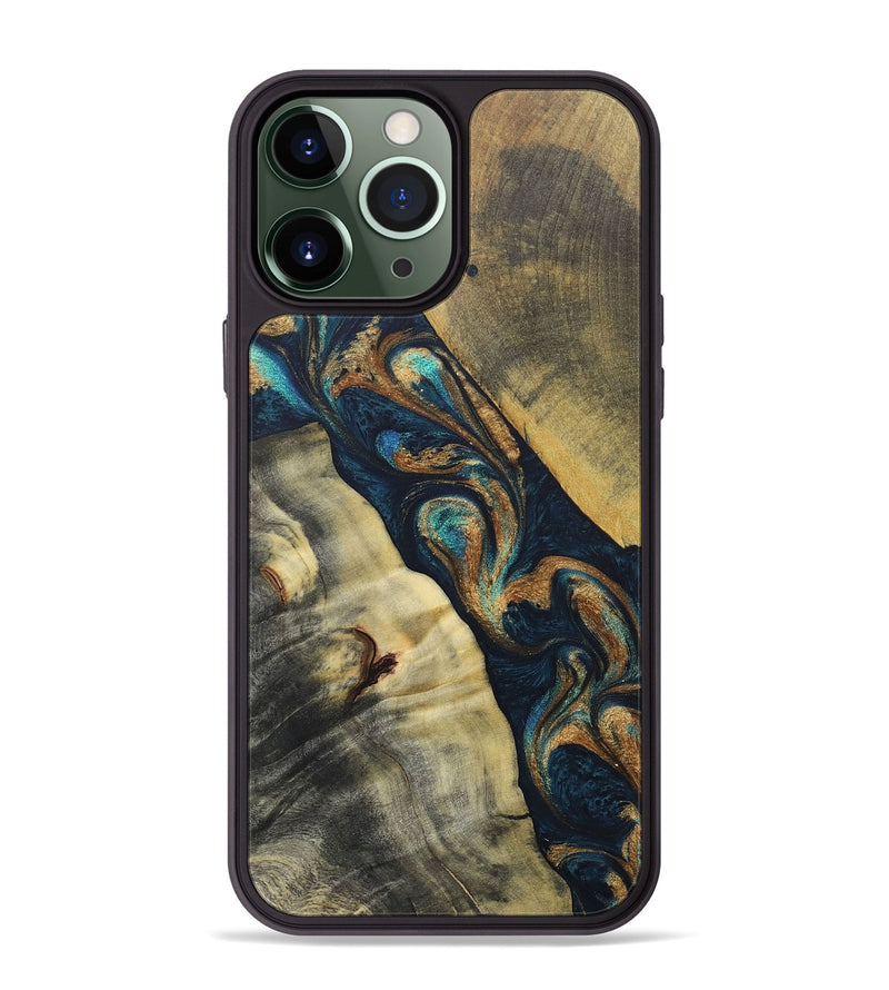 iPhone 13 Pro Max Wood+Resin Phone Case - Evangeline (Teal & Gold, 686573)