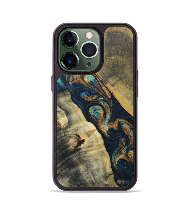 iPhone 13 Pro Wood+Resin Phone Case - Evangeline (Teal & Gold, 686573)