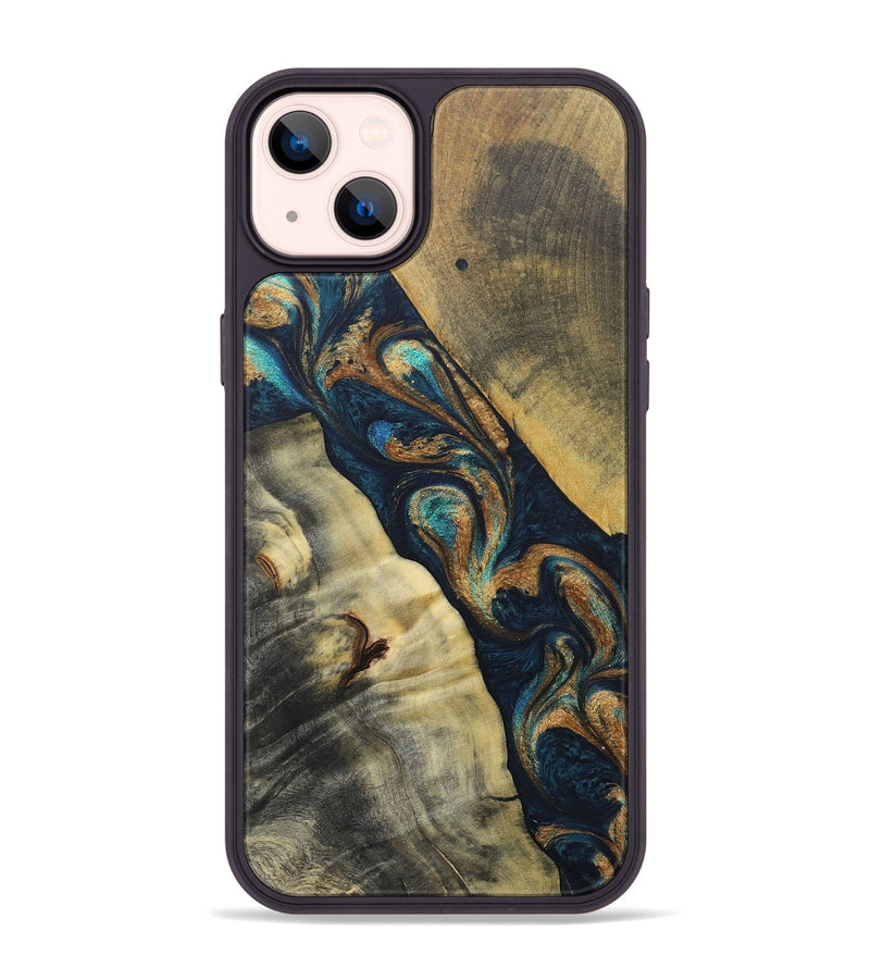 iPhone 14 Plus Wood+Resin Phone Case - Evangeline (Teal & Gold, 686573)