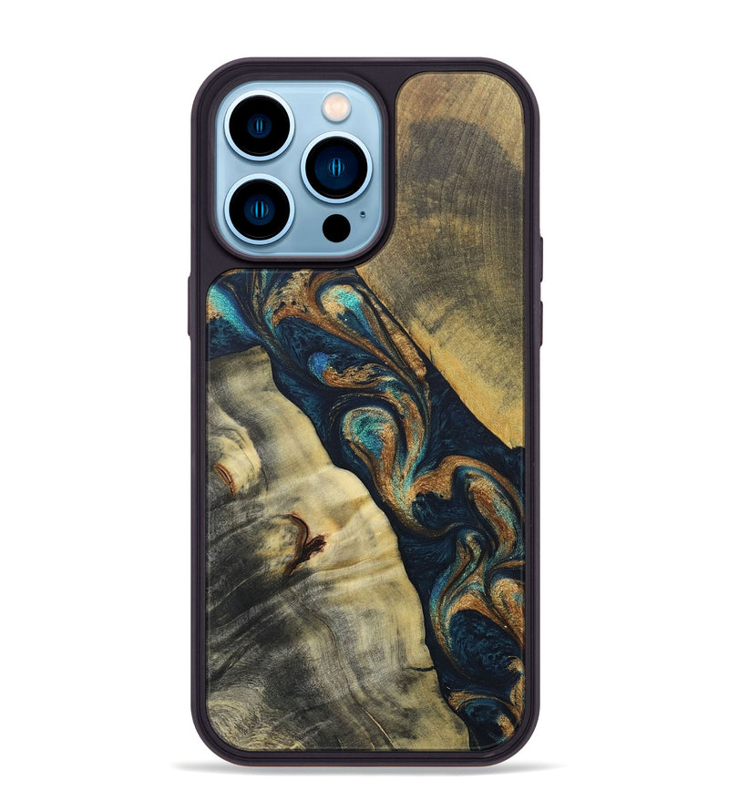 iPhone 14 Pro Max Wood+Resin Phone Case - Evangeline (Teal & Gold, 686573)