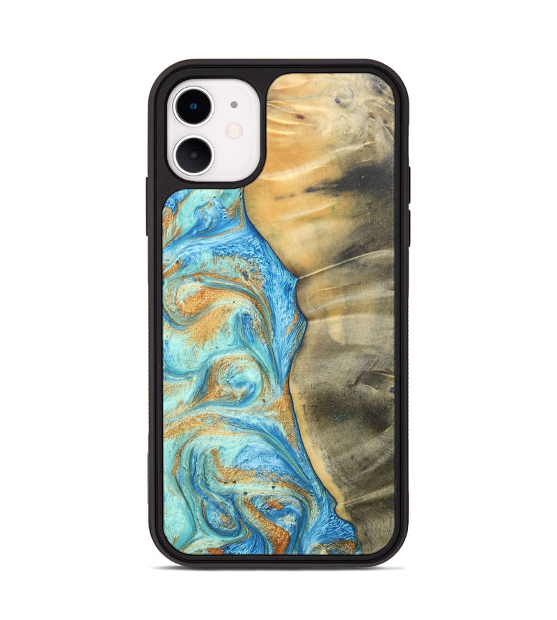 iPhone 11 Wood+Resin Phone Case - Malik (Teal & Gold, 686585)