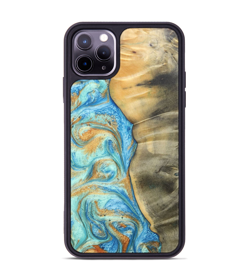 iPhone 11 Pro Max Wood+Resin Phone Case - Malik (Teal & Gold, 686585)