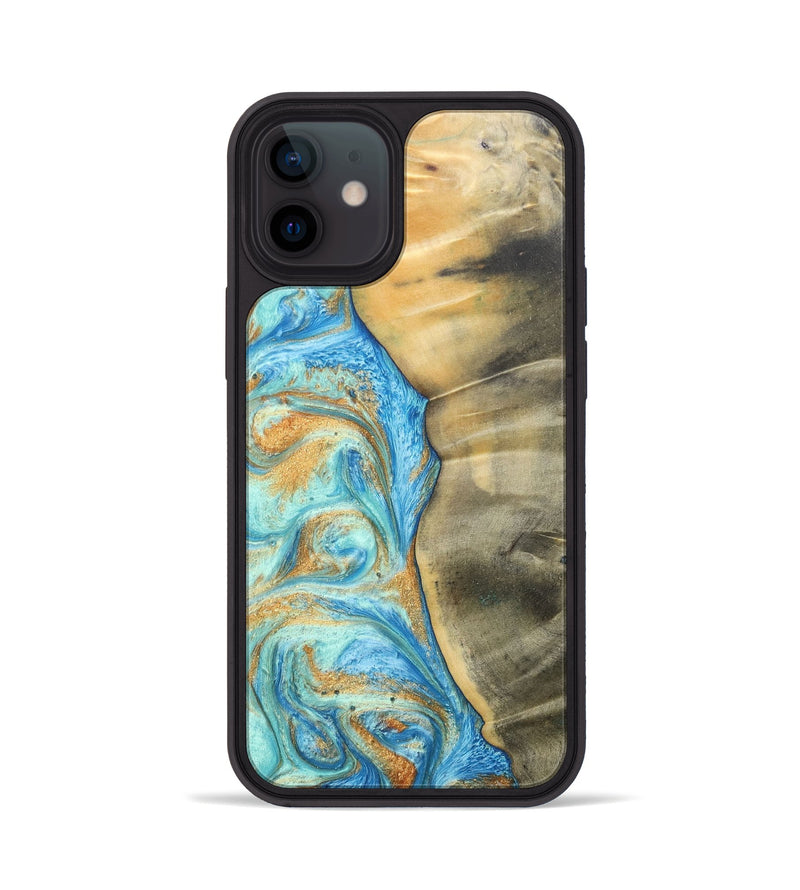 iPhone 12 Wood+Resin Phone Case - Malik (Teal & Gold, 686585)