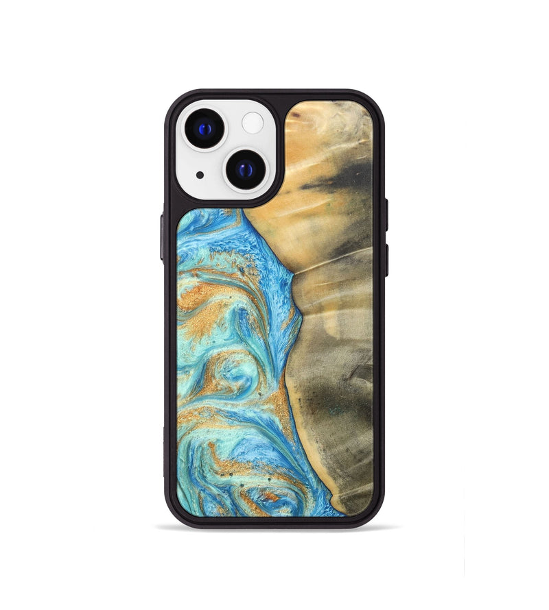 iPhone 13 mini Wood+Resin Phone Case - Malik (Teal & Gold, 686585)