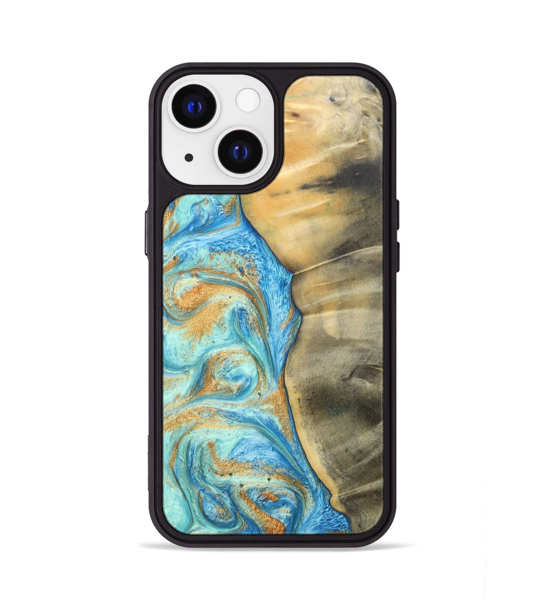 iPhone 13 Wood+Resin Phone Case - Malik (Teal & Gold, 686585)