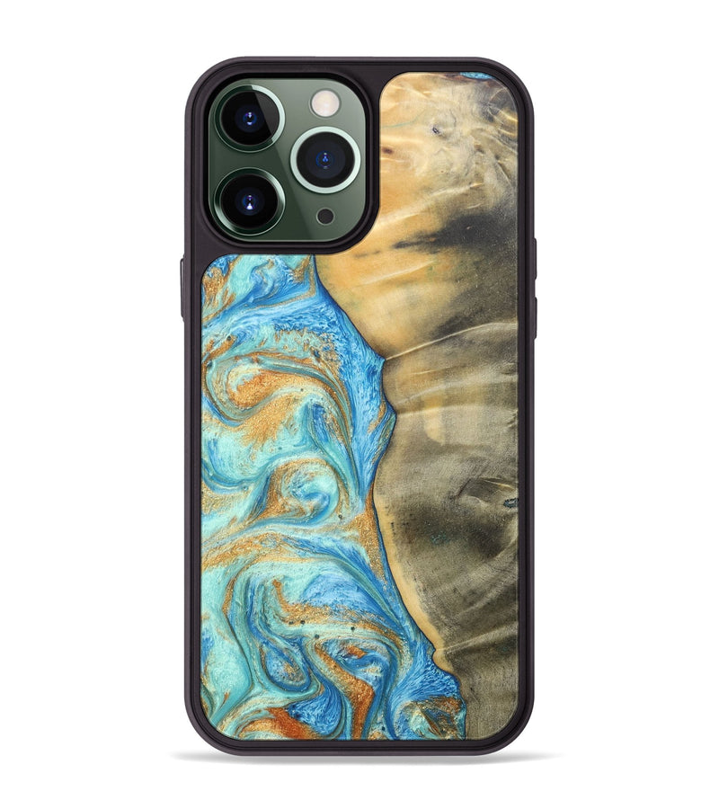 iPhone 13 Pro Max Wood+Resin Phone Case - Malik (Teal & Gold, 686585)